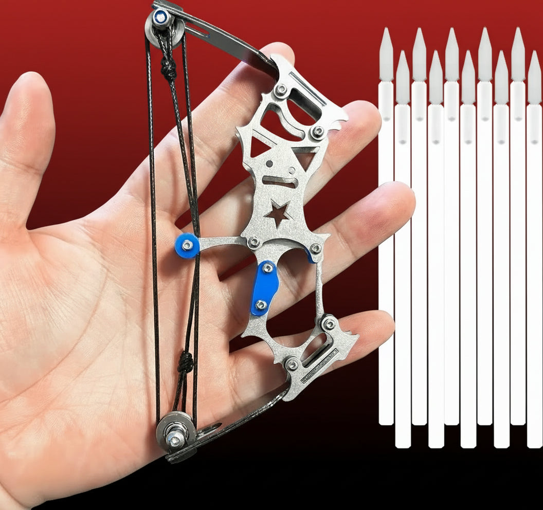 Hand holding a small mechanical device with arrows on a white background