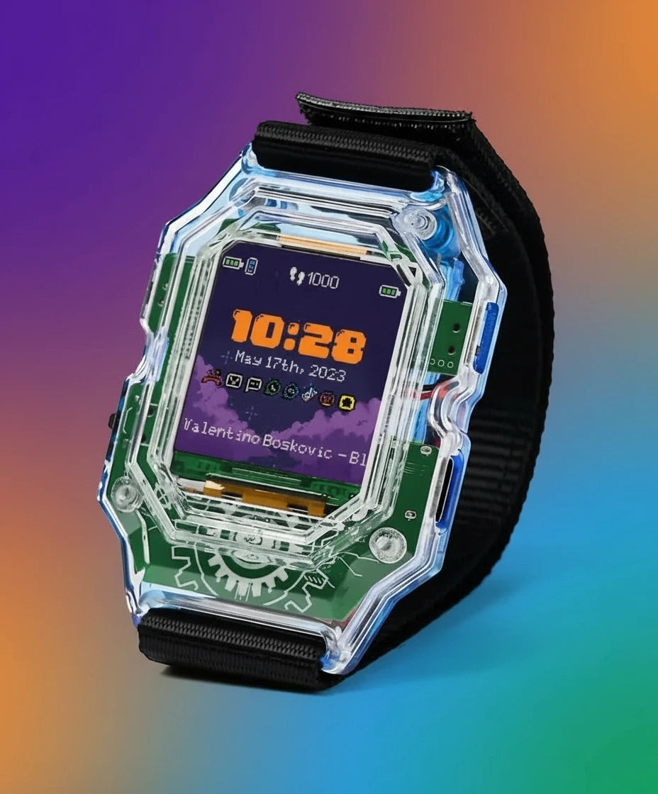 Digital watch with transparent casing on a green background