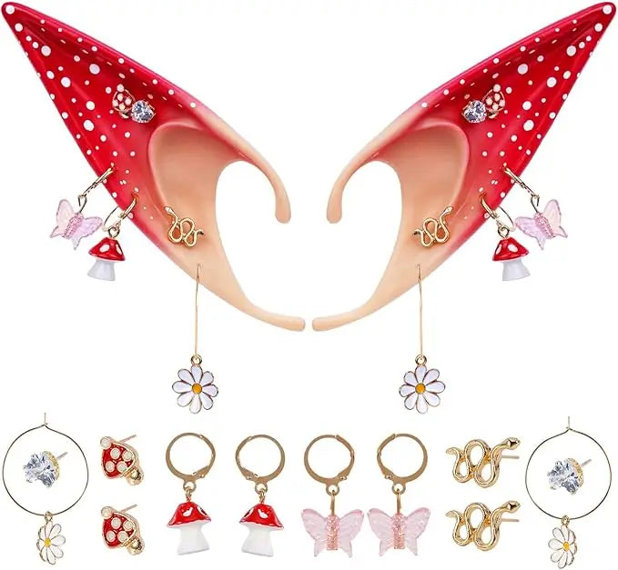 Fairy Mushroom Elf Ears Woodland Red Elven Ear Cuffs for Cosplay