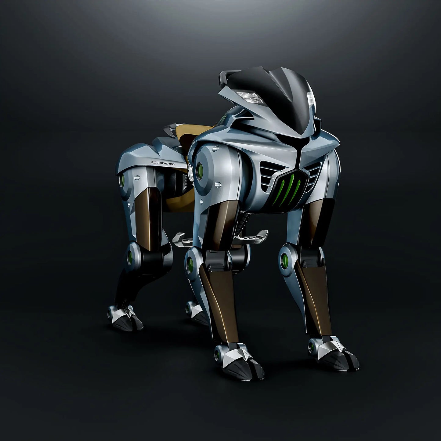 Robotic panther-like creature on a dark background