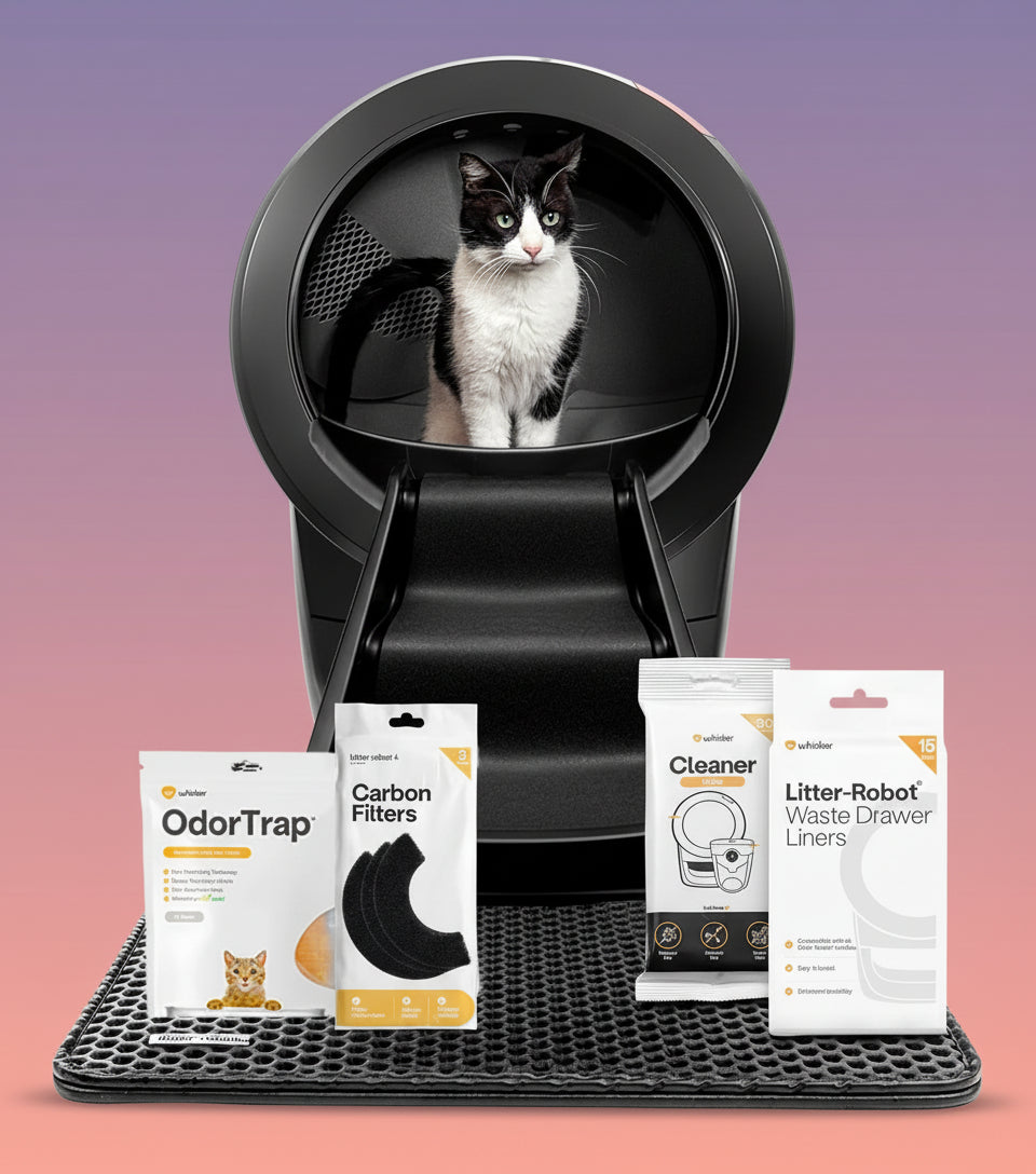 Litter-Robot with cat inside, surrounded by related products on a white background