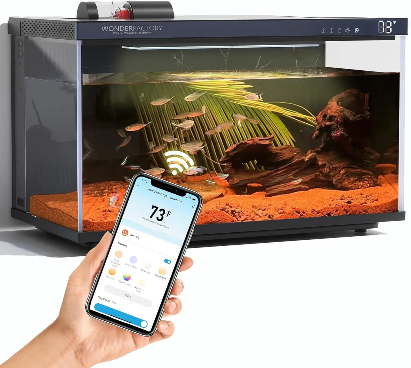 Wonderfactory Smart Aquarium 5 Gallon Self-Cleaning Glass Fish Tank with LED Lights and App Control