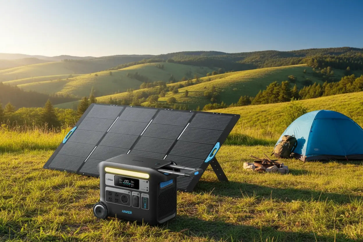 Portable power station with solar panel on a white background