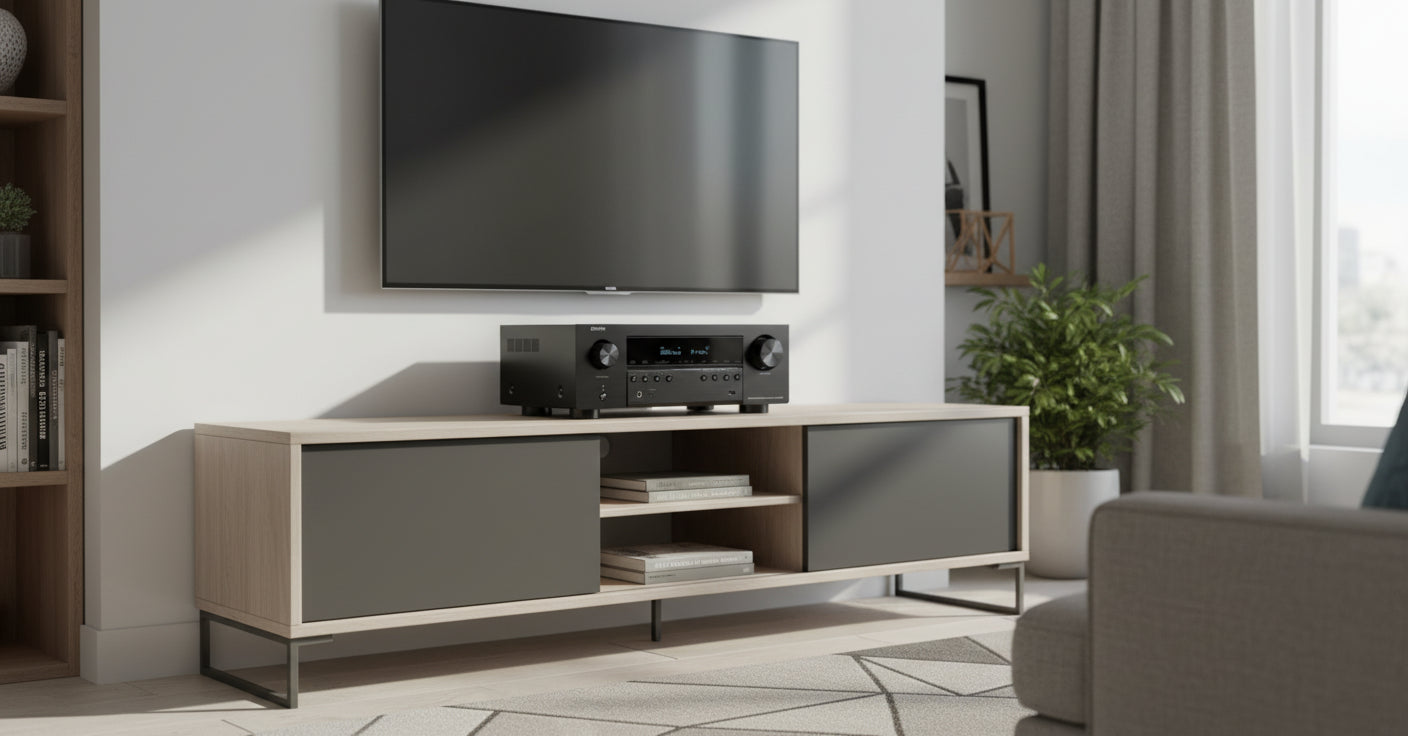 Denon audio receiver on a white background