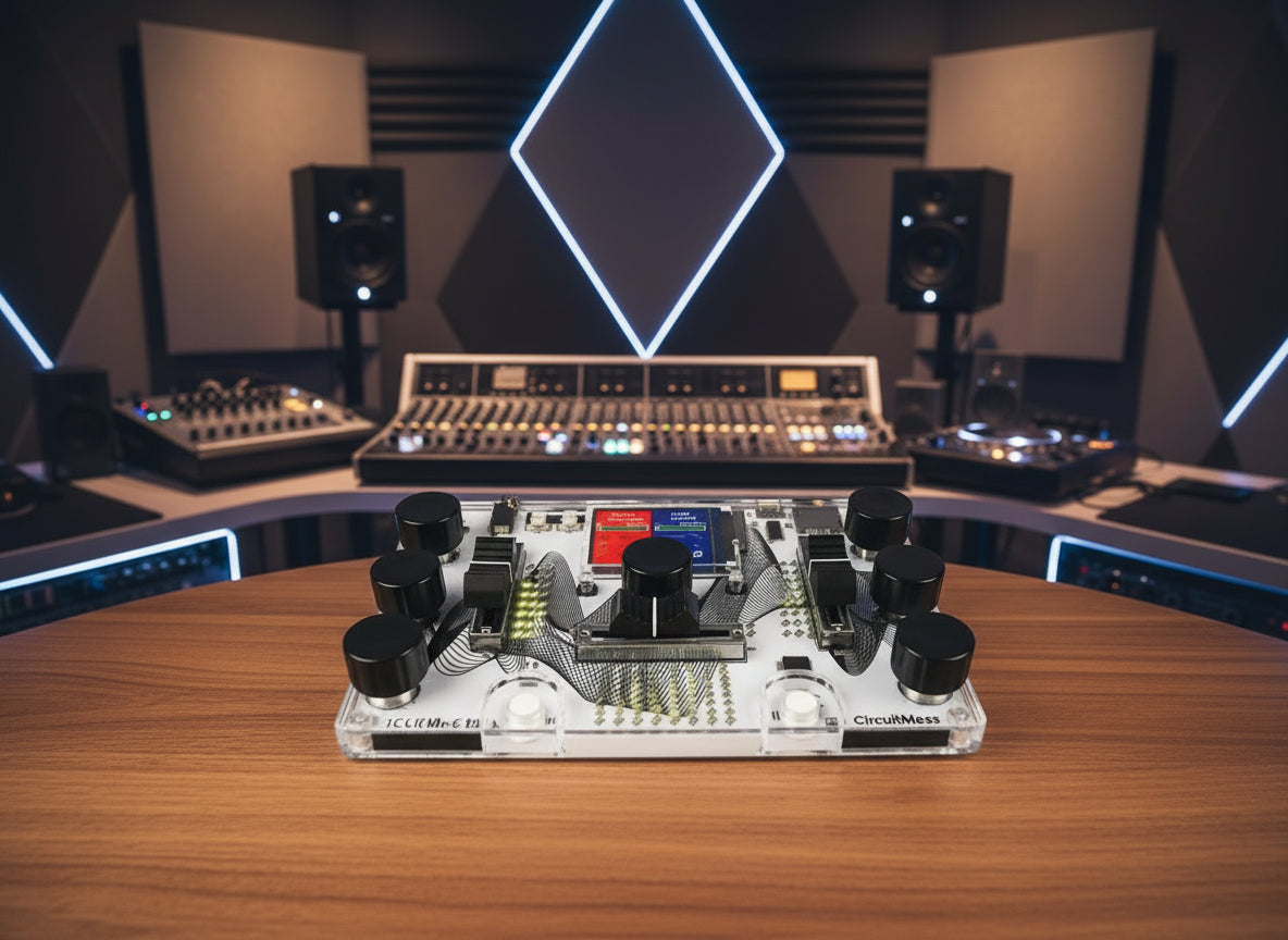 Electronic circuit board with buttons and display on a white background