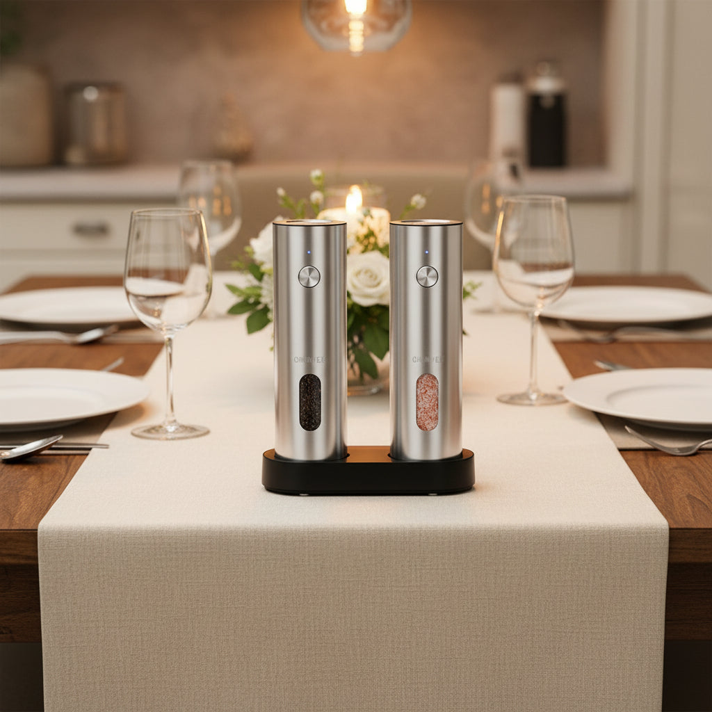 Two stainless steel electric pepper grinders with black and pink contents on a white background.