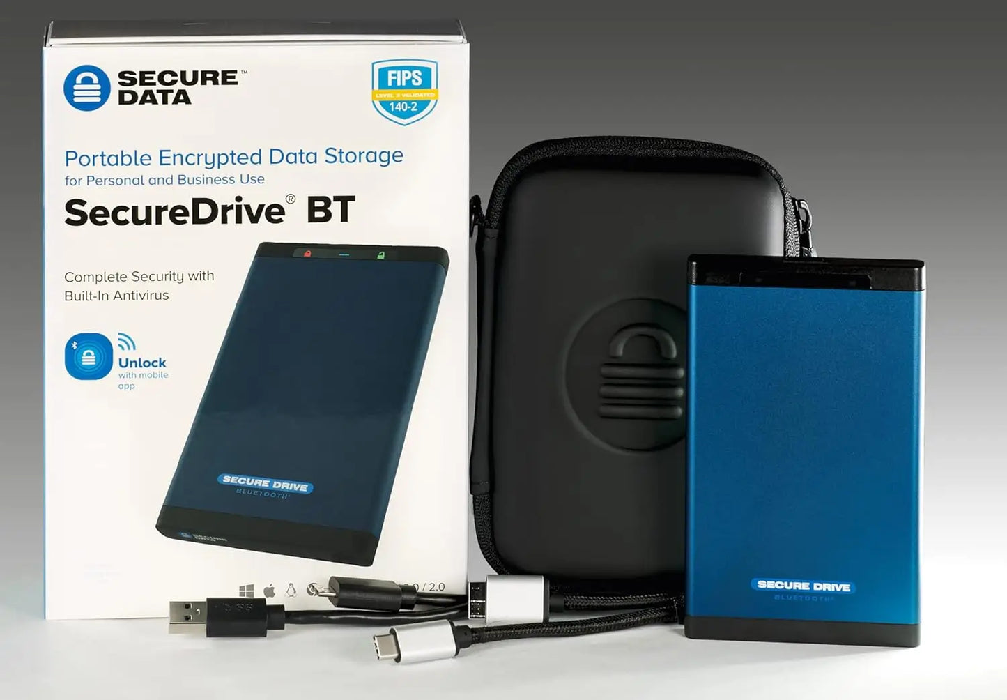 SecureData SecureDrive BT 2TB SSD Hardware Encrypted USB 3.0 Ext Drive