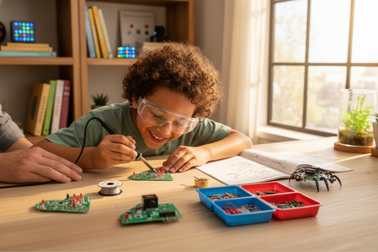 Smiling child using DIY soldering kits for beginners to build fun electronics at home, perfect gift idea