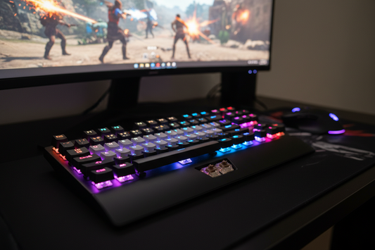 Mechanical keyboard for gaming with vibrant RGB lighting on a desk setup, perfect for trending tech gifts