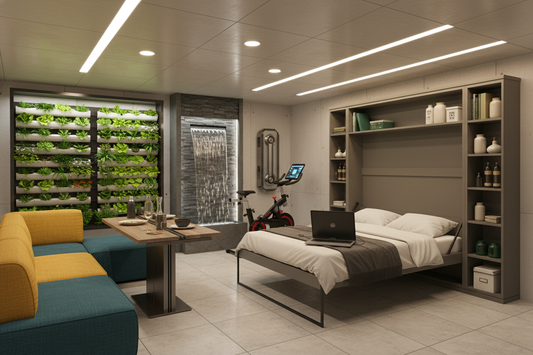 Modern survival shelter preparation with indoor garden, workout space, and cozy living essentials for comfort and safety