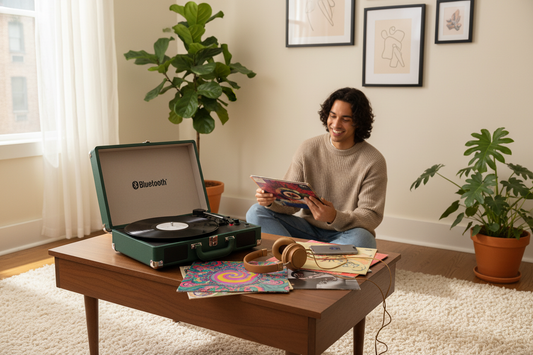 Trendy portable bluetooth record player for music lovers and gift shoppers enjoying vinyl at home