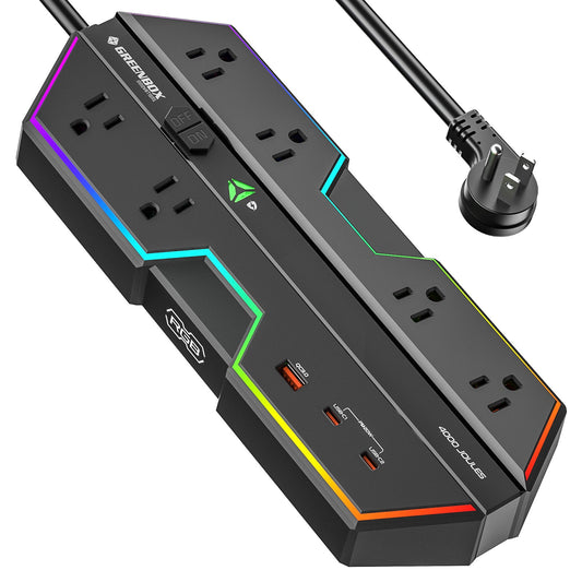 4000J Gaming Power Strip Surge Protector - 20W PD USB-C Fast Charge, 6 Wide-Spaced Outlets, RGB Lighting, 6ft Cord