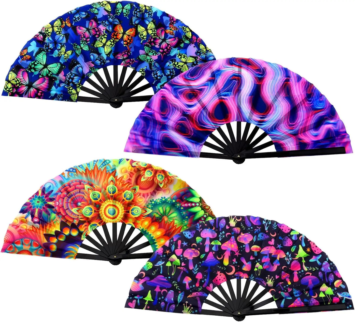 4 Pack UV Glow Large Folding Rave Fans