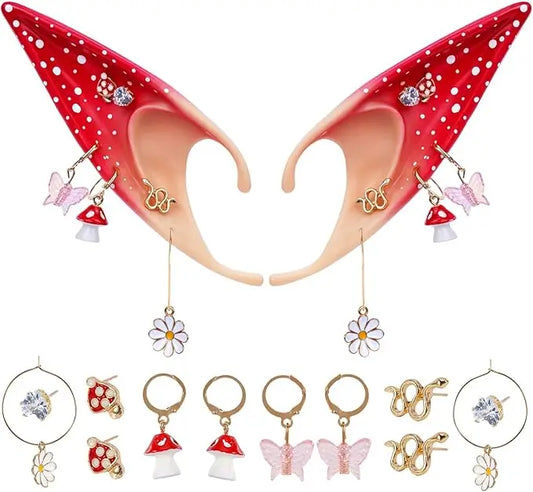 Fairy Mushroom Elf Ears Woodland Red Elven Ear Cuffs for Cosplay
