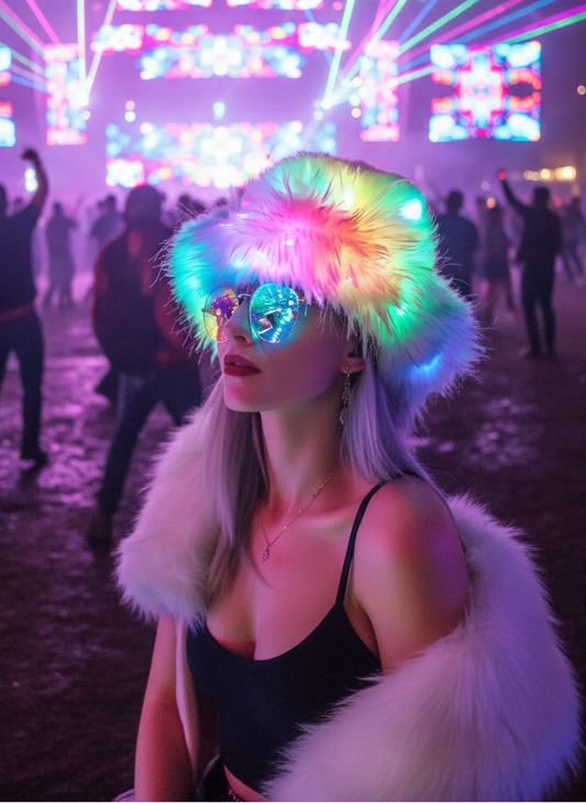 Person wearing a colorful, fluffy headpiece and reflective sunglasses in a vibrant setting.