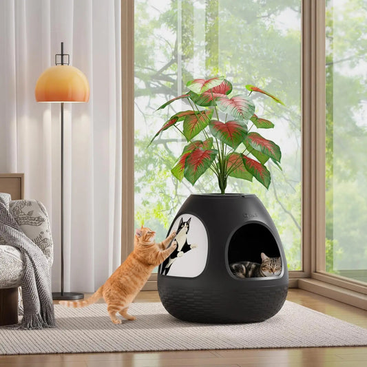 Heated Cat Bed Enclosed Pet Cave with Scratching Board and Air Purifier