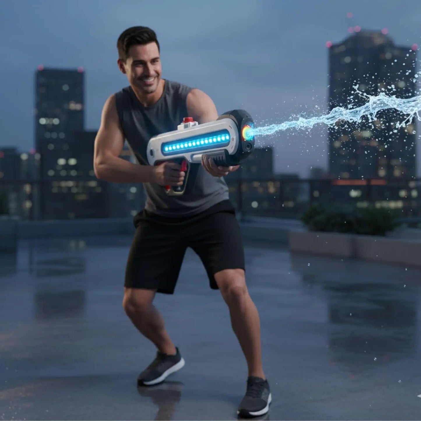 High Tech Electric Water Gun 24 Inch Automatic Rapid Fire Water Blaster with LED Display Dual Nozzles and Rechargeable Battery