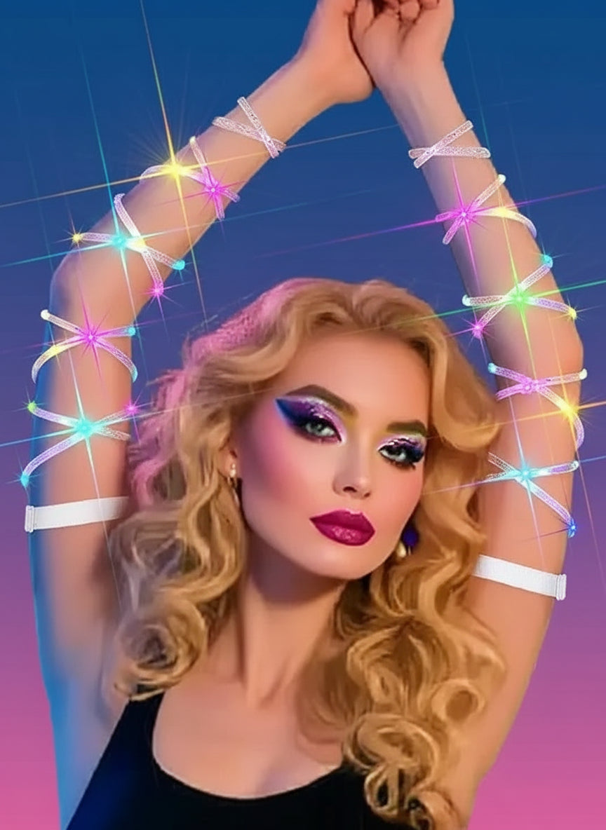 Woman wearing colorful LED arm bands with a dark background