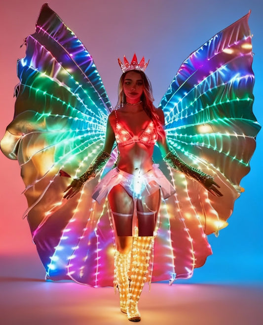 Person wearing a colorful LED butterfly costume with wings and a red outfit.