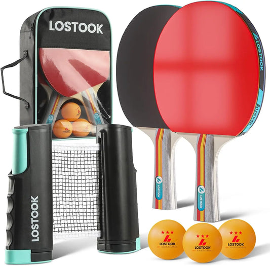 Lostook Professional Ping Pong Paddles Set with Portable Table Tennis Net, 7 Layer Rackets, 3 Star Balls, Indoor Outdoor Game Kit