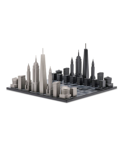 Chess Set Stainless Steel NEW YORK with Wood Map Board