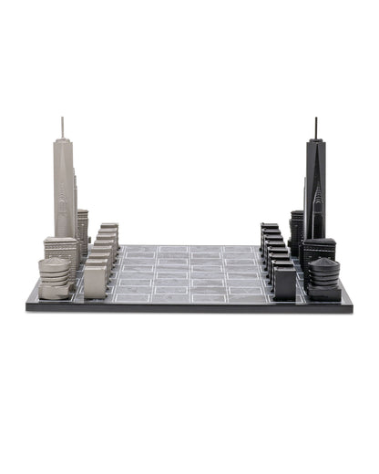 Chess Set Stainless Steel NEW YORK with Wood Map Board