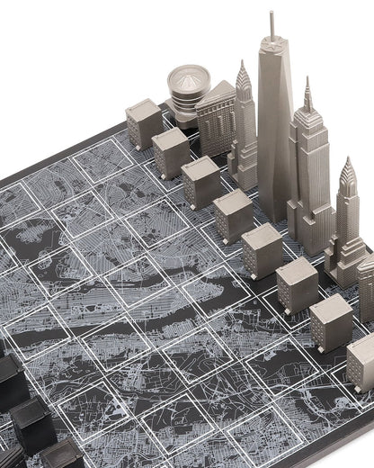 Chess Set Stainless Steel NEW YORK with Wood Map Board