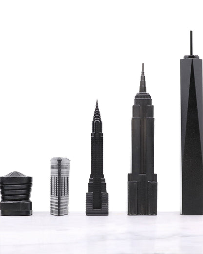 Chess Set Stainless Steel NEW YORK with Wood Map Board