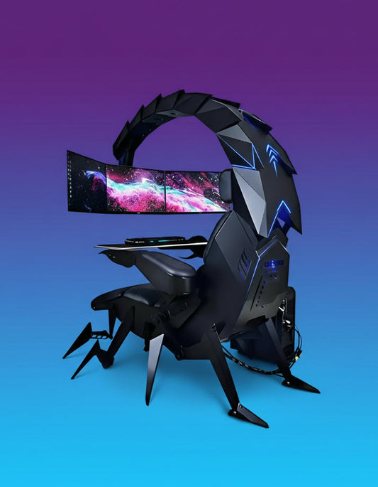 Gaming chair with futuristic design and multiple monitors on a white background