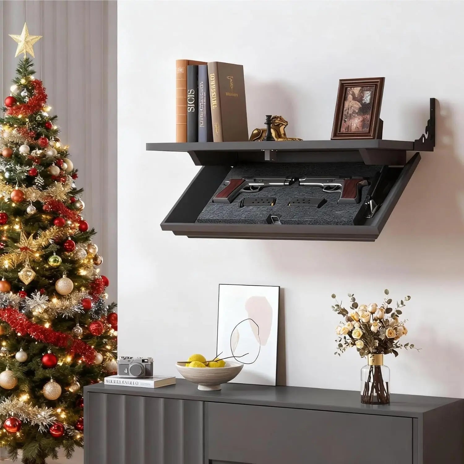 Wall-mounted black shelf with hidden compartments next to a decorated Christmas tree.