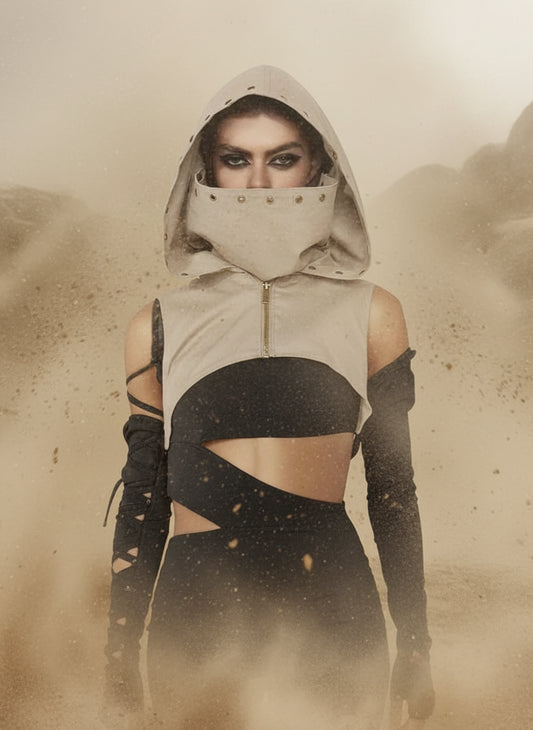 Person wearing a beige hooded outfit with black accents on a white background