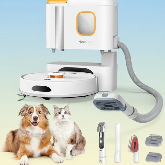 Robotic vacuum cleaner with attachments and pets on a white background