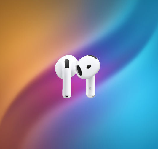 White wireless earbuds with 'R' and 'L' labels on a white background