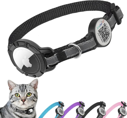 Airtag Cat Collar Breakaway with QR Code Name Tag, Reflective cat Collar airtag Holder with Bell