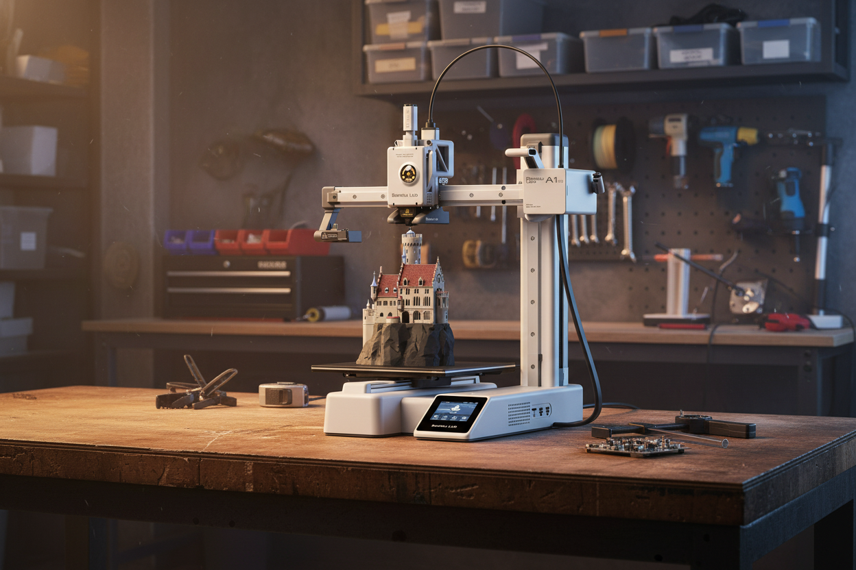 3D printer in the process of printing a model of a castle on a white background