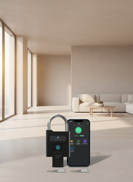 Smart lock with fingerprint reader and smartphone app interface