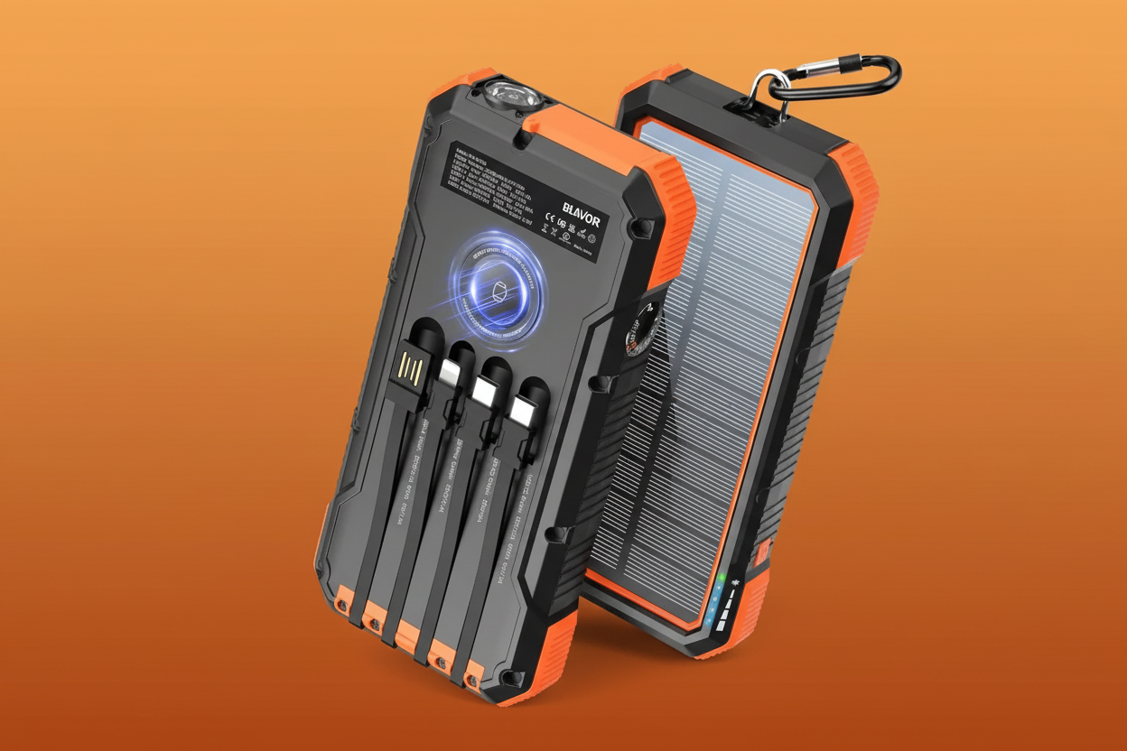 Orange and black portable power station with solar panel on an orange background