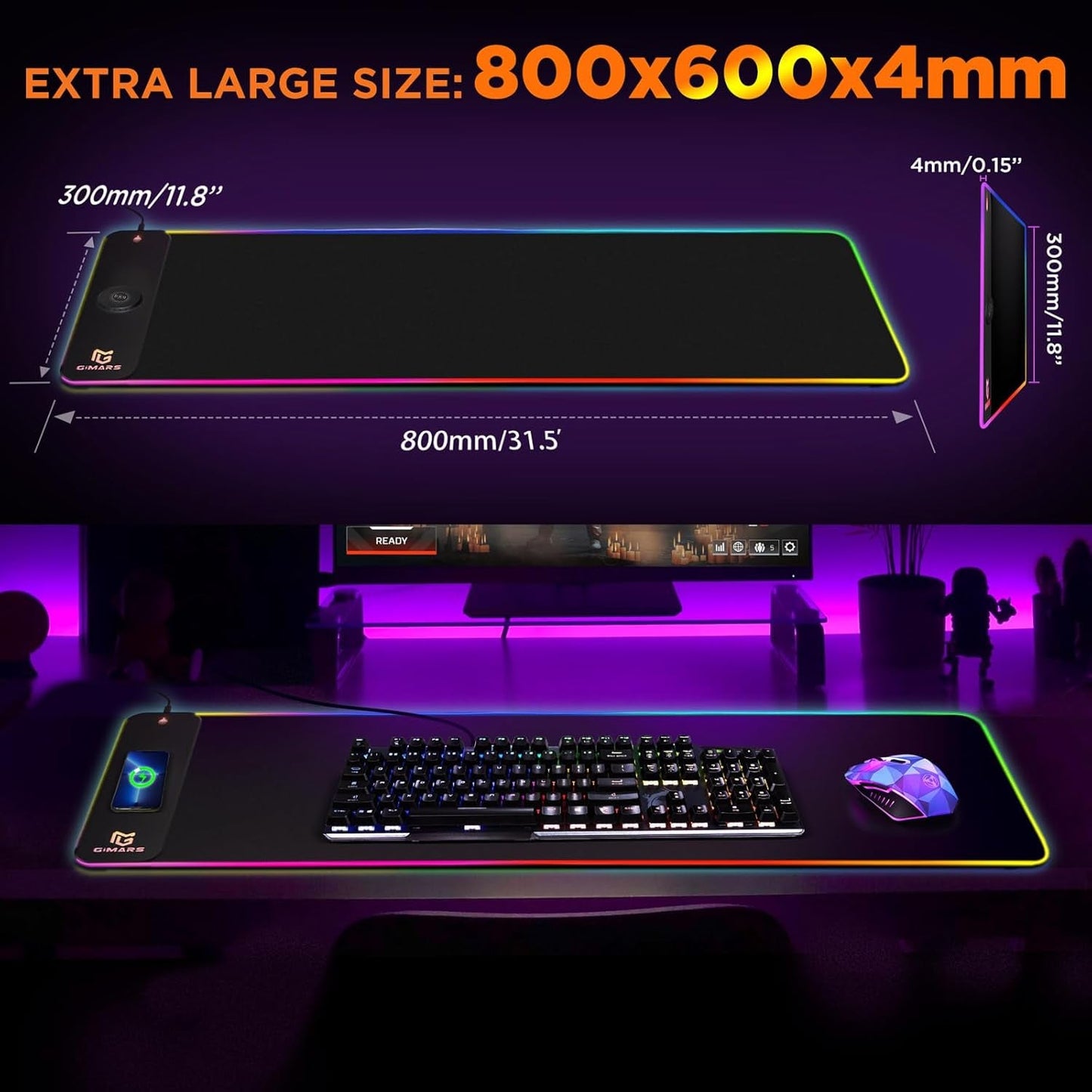 RGB Gaming Mouse Pad with 15W Qi Wireless Charging and Raised Charging Platform