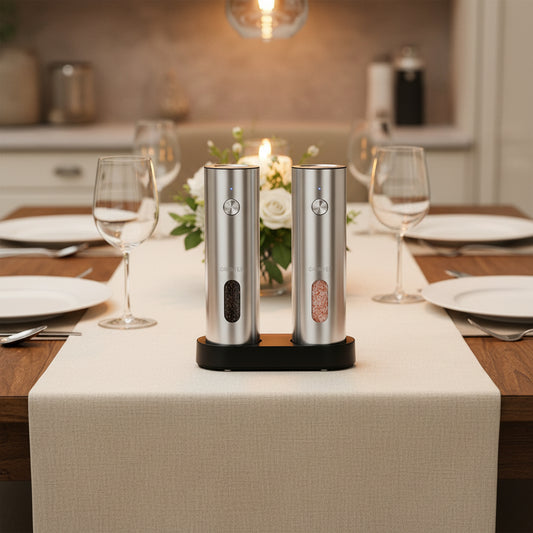 Two stainless steel electric pepper grinders with black and pink contents on a white background.
