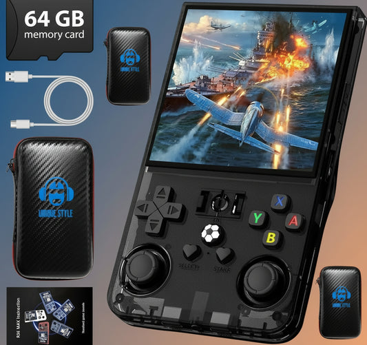 Handheld gaming console with screen displaying a game, 64GB memory card, case, and cables on a white background.