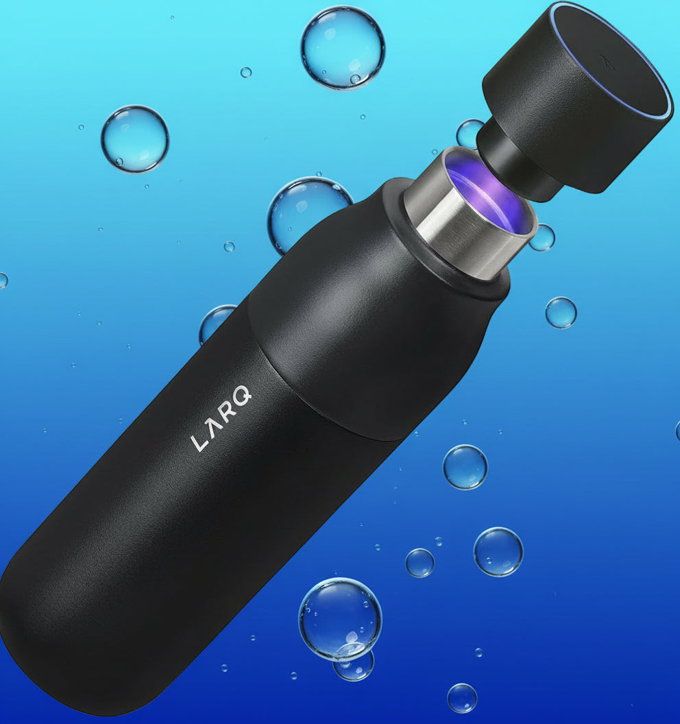 Black water bottle with a visible brand logo on a white background