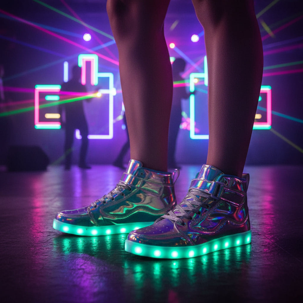 Colorful high-top sneakers with LED lighting on a white background