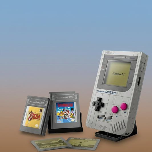 LEGO Nintendo Game Boy set with packaging and games on a white background