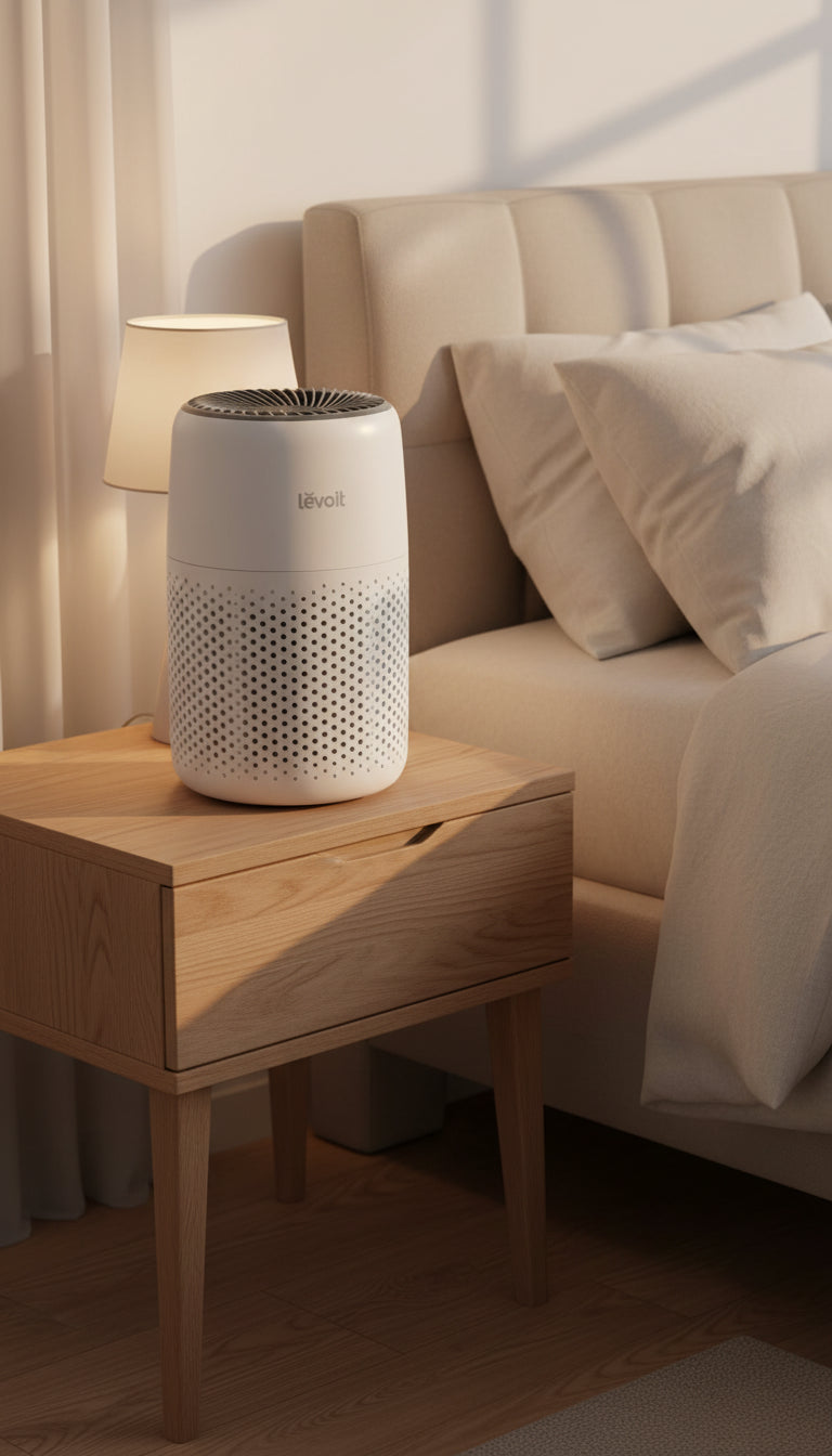 Levoit air purifier on a end table in bedroom
