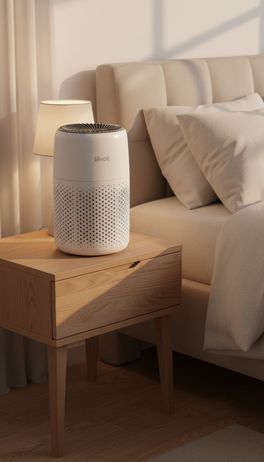 Levoit air purifier on a end table in bedroom