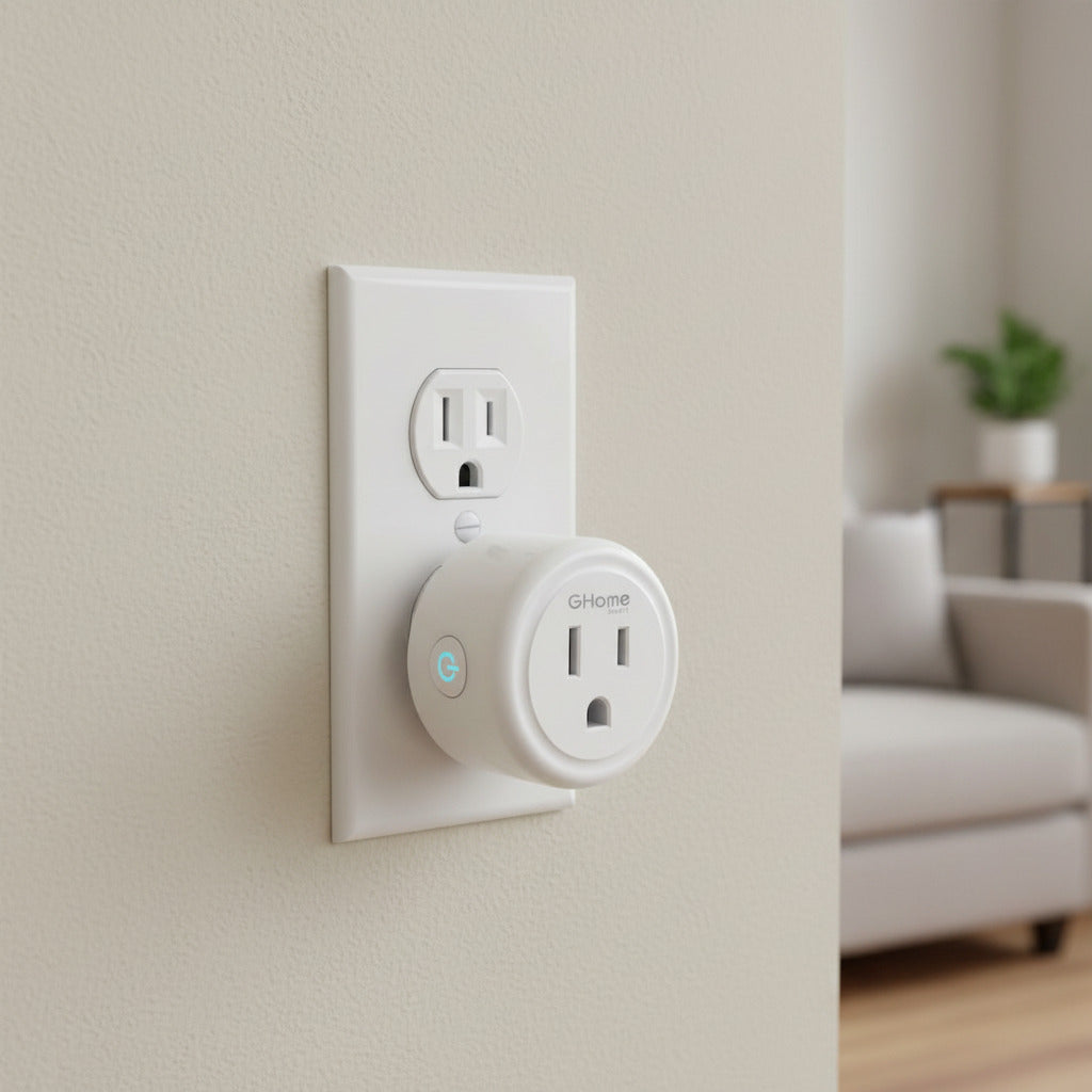 Two GHome smart plugs on a white background