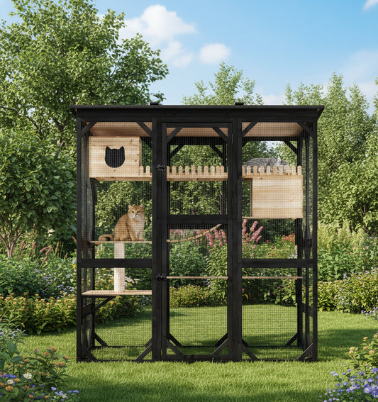 Cat enclosure with multiple levels, platforms, and a hanging toy on a white background