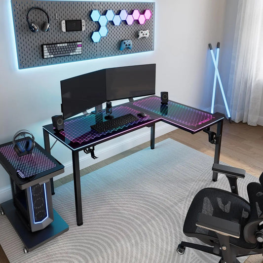 Eureka GTG L60 RGB Glass Gaming Desk – Music Sync LED L-Shaped Computer Desk
