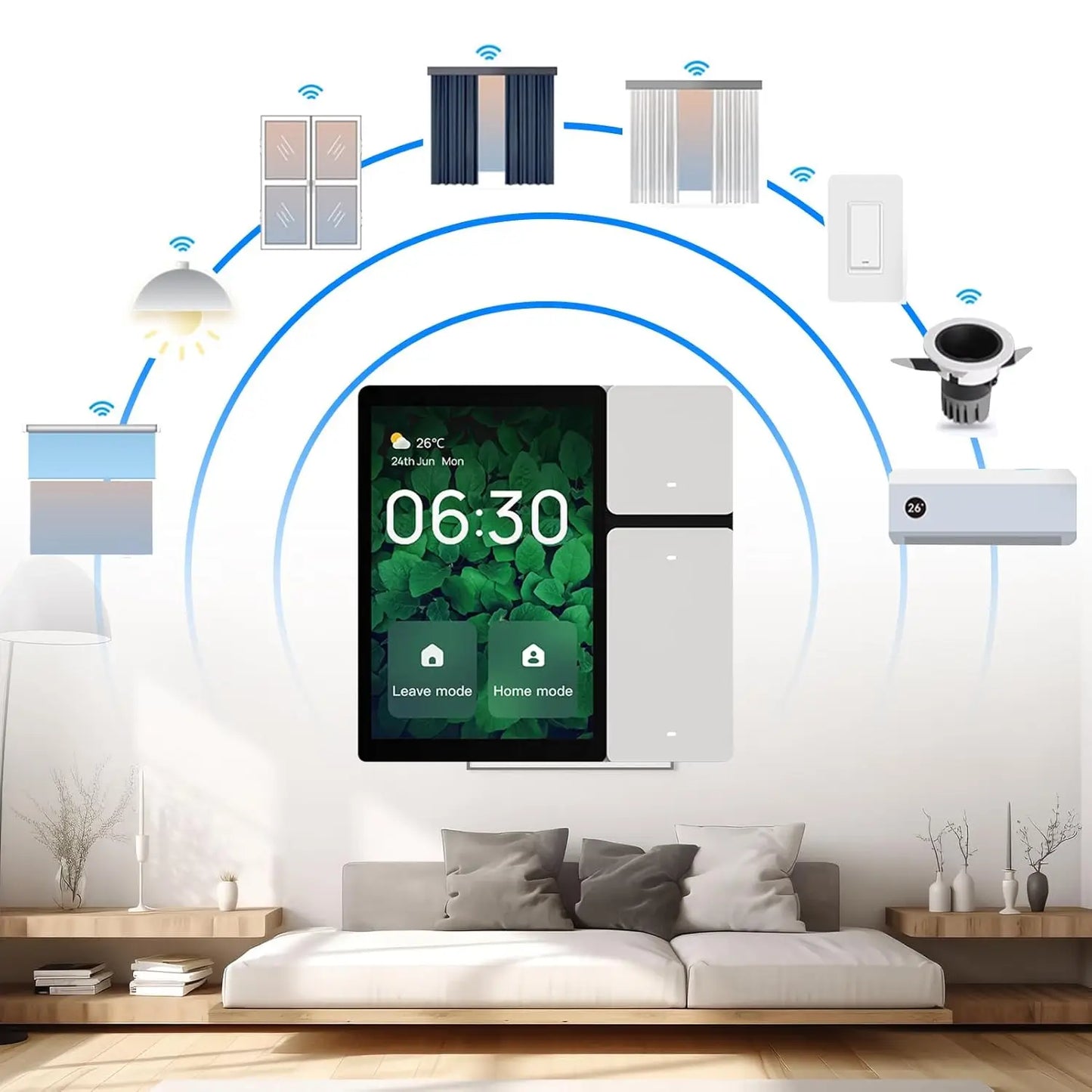 Smart home control panel with various devices connected in a living room setting