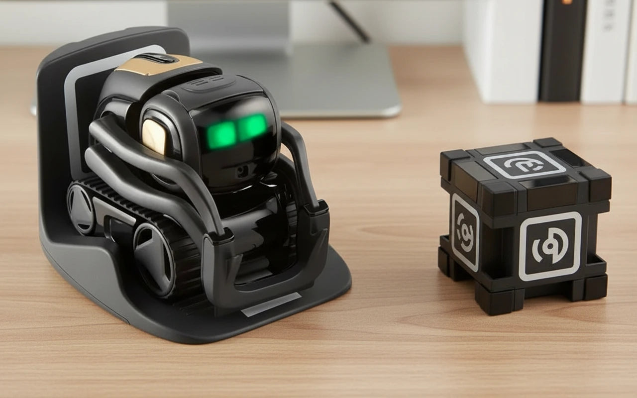 Black robot toy with a charging dock on a white background